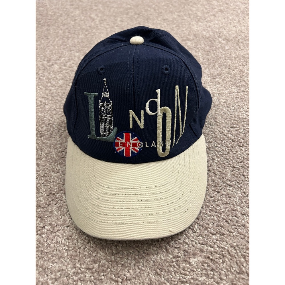 VTG The Marque London England Hat Unisex OSFA Navy Blue Excellent Snapback Cap